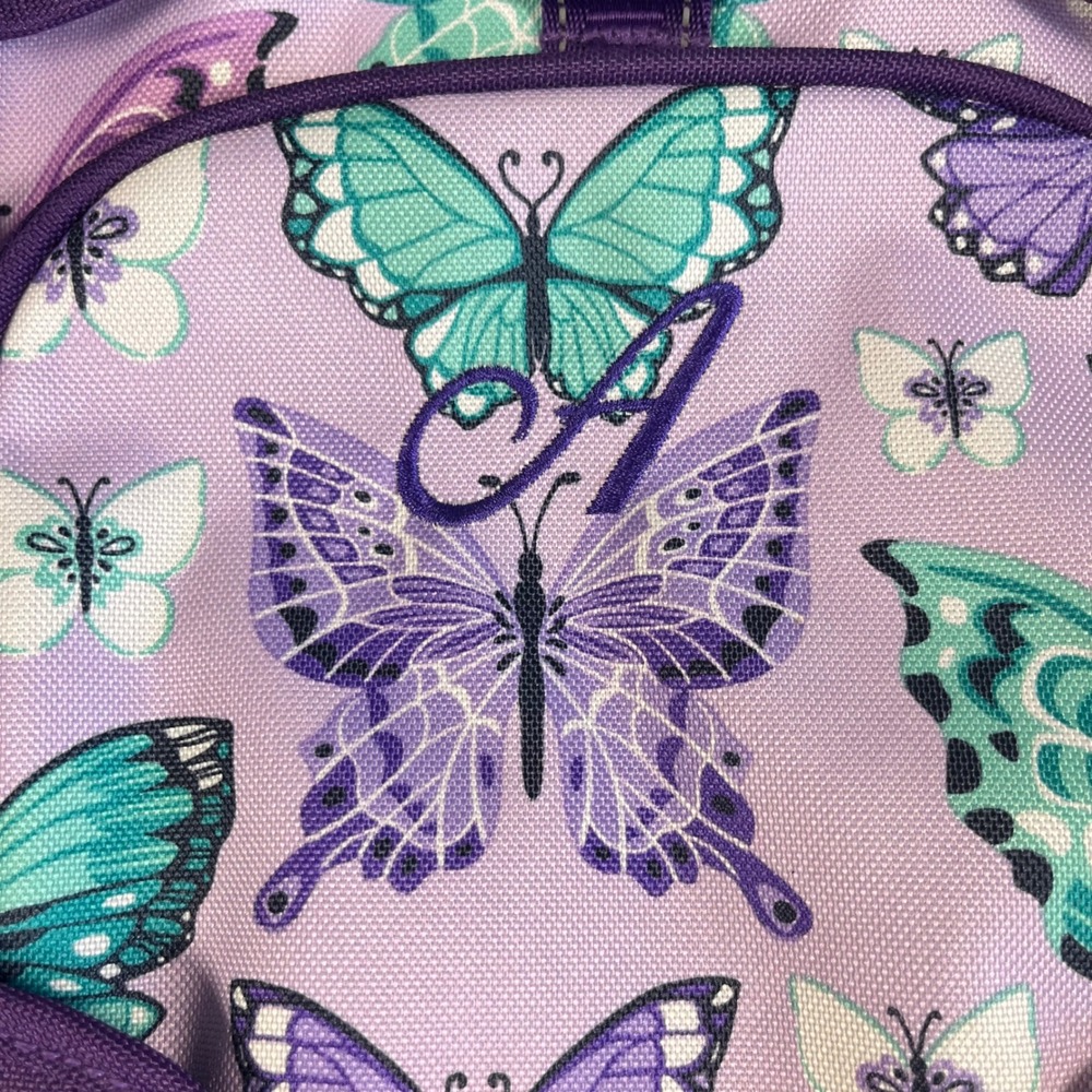Pottery Barn Kids Mackenzie Purple Butterfly Backpack & Pencil Case Monogram A - Picture 2 of 12